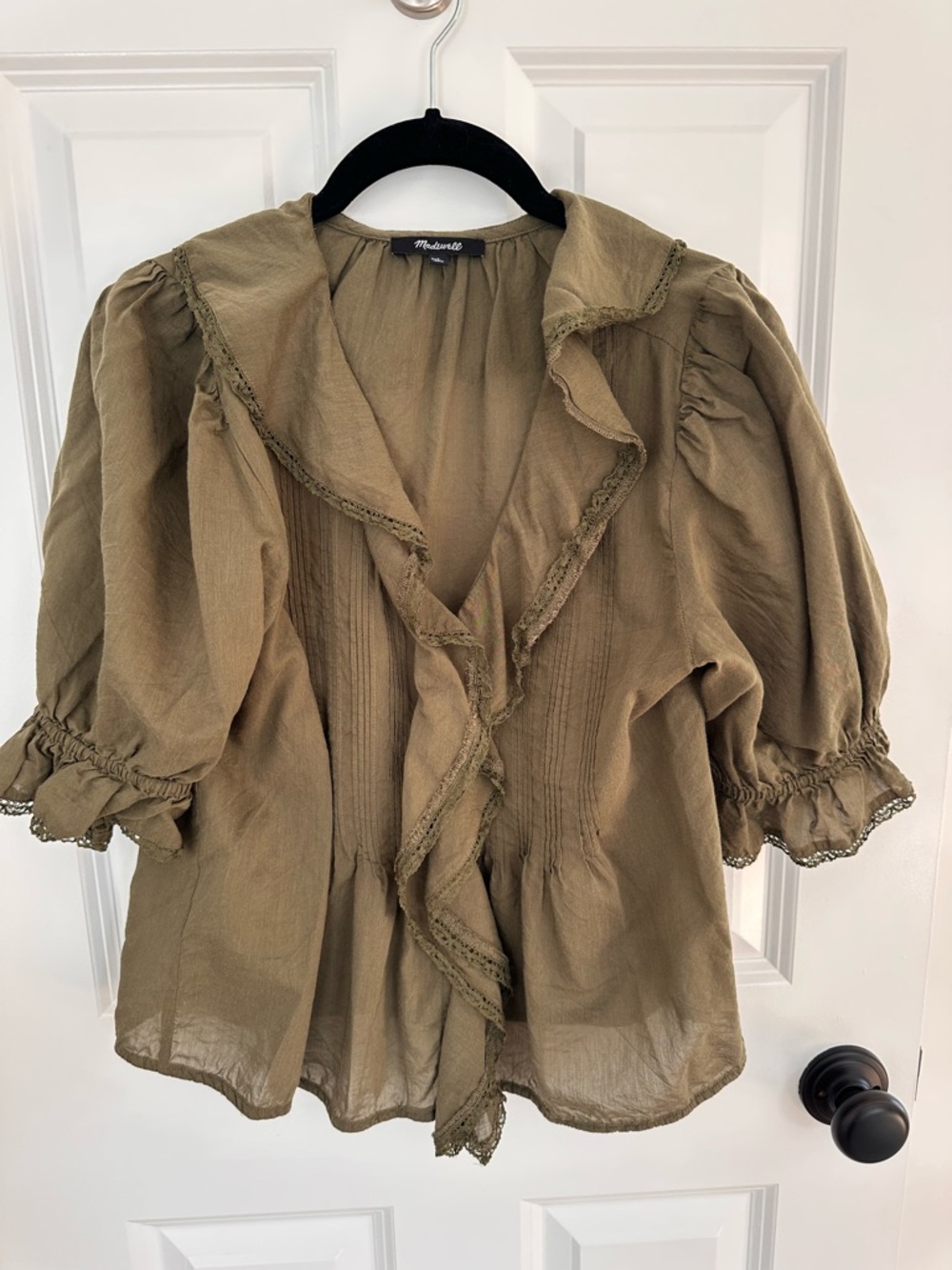 Madewell Olive Ruffled Pintuck Puff-Sleeve Top